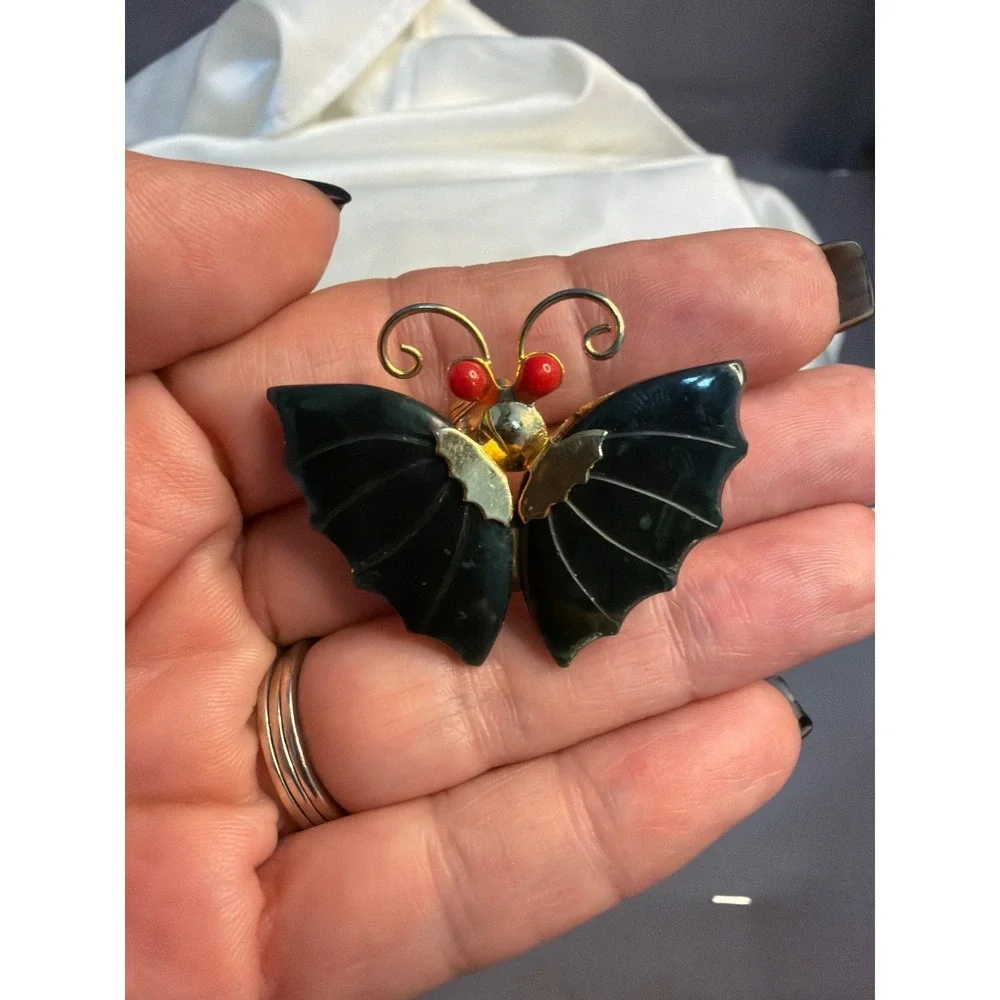 Vintage Black Butterfly Brooch Gold Tone Red Bead Accents Insect Pin Carved Wing
